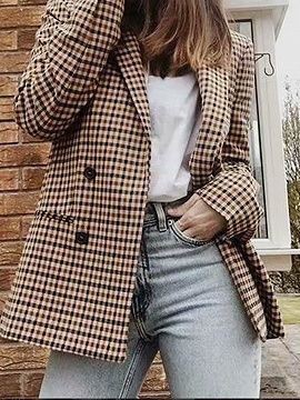 Women Plaid Blazer Autumn Winter Coat Jacket Work Outfits: Checkered Blazer Outfit,  Stylish Plaid Blazer Street Style,  Plaid Blazer Ideas,  Trendy Plaid Blazer,  Plaid Blazer,  Blazer  
