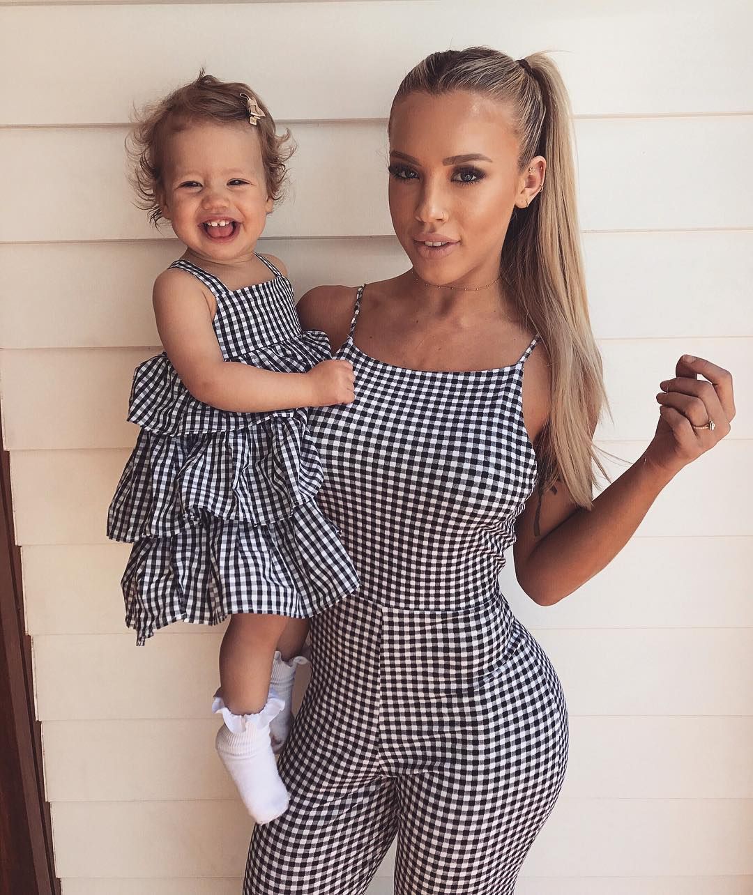 They're just too cute in their black and white gingham matching outfit!: Street Style Plaid Blazer,  Mom And Daughter Matching Clothes,  Mommy And Me Outfits,  Mommy And Daughter Dresses,  Mom Daughter Outfit,  Parent And Child Outfits  