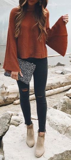 Burnt orange top outfits, Casual wear: Bell sleeve,  Casual Outfits,  Bell Sleeve Tops Outfit  