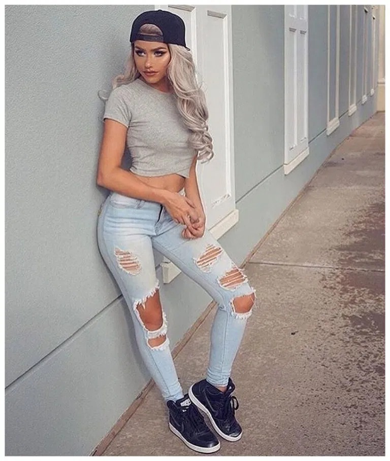 Fresh and popular white jeans outfit, Casual wear: Ripped Jeans,  Slim-Fit Pants,  Fashion Nova,  Spring Outfits,  Street Style,  Casual Outfits  