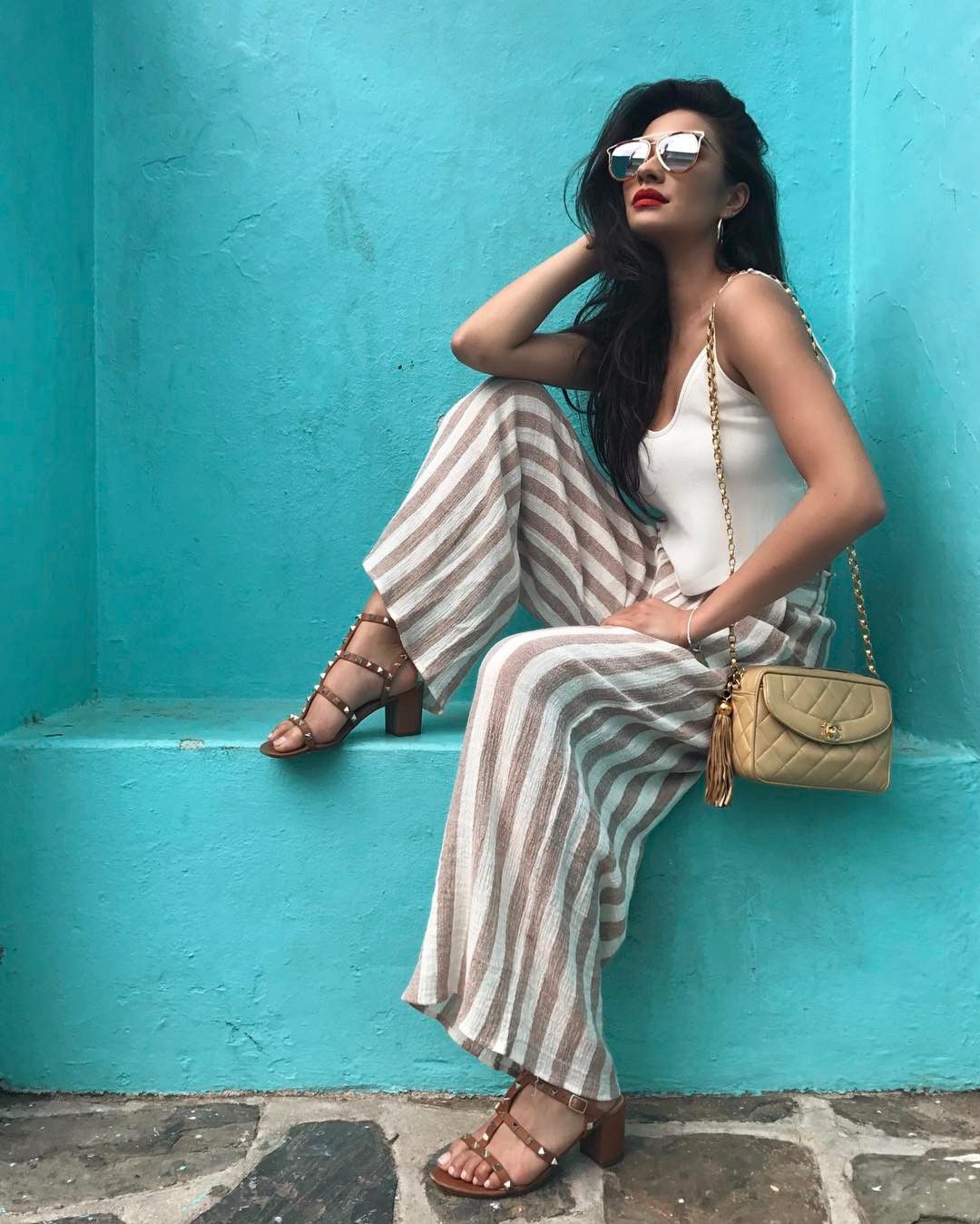 Striped Pant Outfit, Shay Mitchell, print Trousers: black pants,  Slim-Fit Pants,  Shay Mitchell,  print Trousers,  Pant Outfits,  Stripe Trousers  