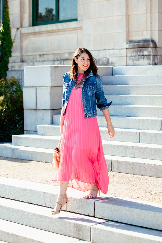 Pink dress with jean jacket: Denim Outfits,  Jean jacket,  Maxi dress,  Casual Outfits  