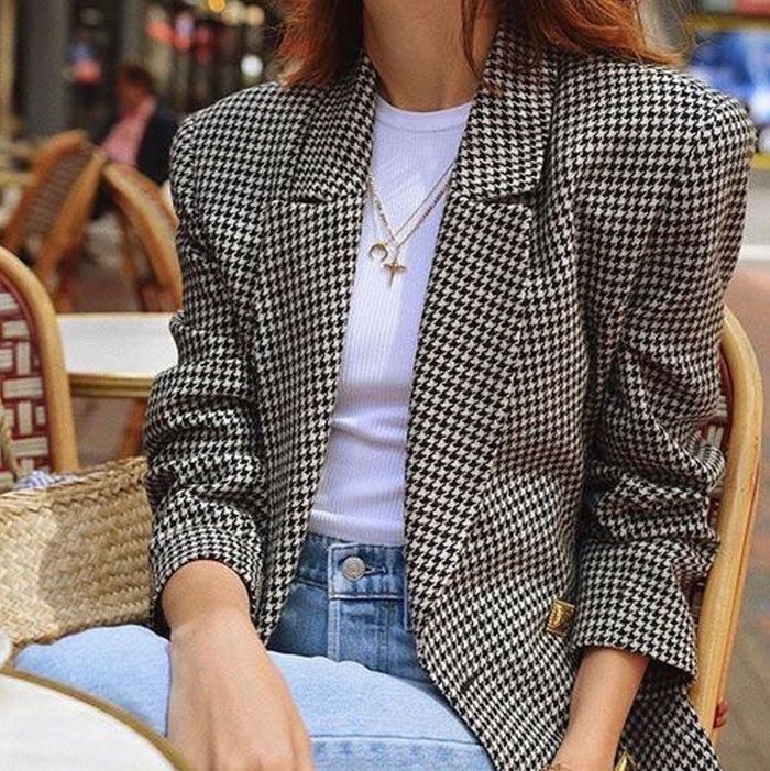 The Epitome of French Spring Chic Checkered Blazer Outfit: Casual Plaid Blazer Style,  Checkered Blazer Outfit,  Street Style Plaid Blazer,  Plaid Blazer Work Outfit,  Plaid Blazer Outfit,  Trendy Plaid Blazer  