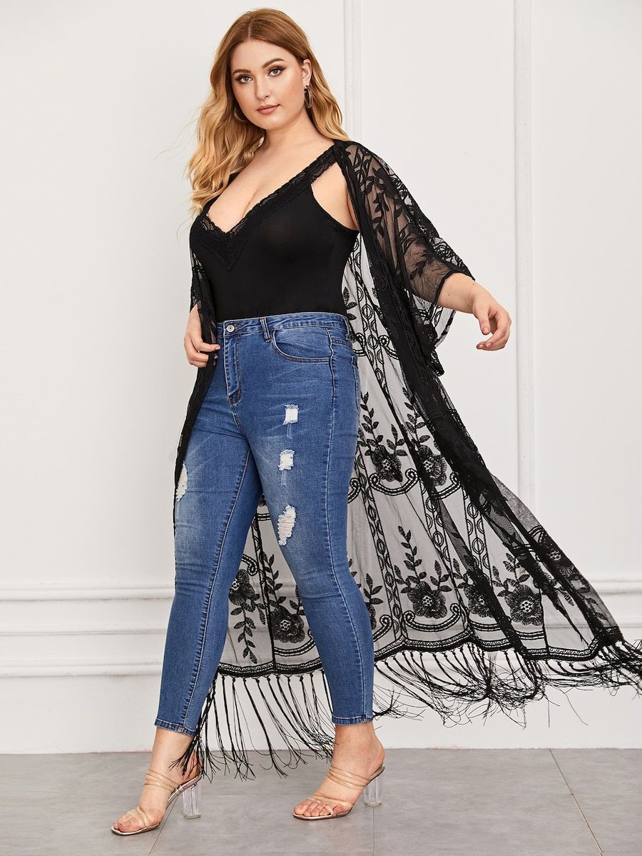 Plus Fringe Hem Embroidery Mesh Kimono For Women Plus Size Kimono 