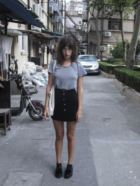 Grey button up skirt, Denim skirt: Denim skirt,  shirts,  Skirt Outfits,  Street Style,  Casual Outfits  