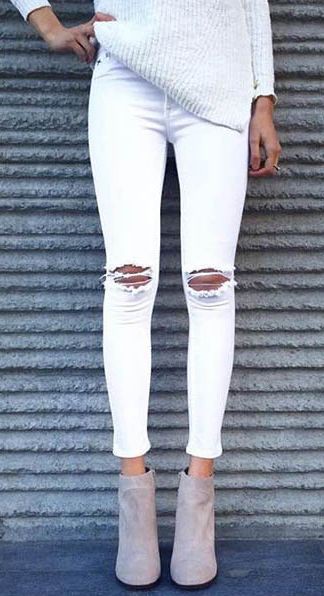 Finest collection of white ripped jeans: Ripped Jeans,  Slim-Fit Pants,  Boot Outfits,  Casual Outfits,  White Denim Outfits  