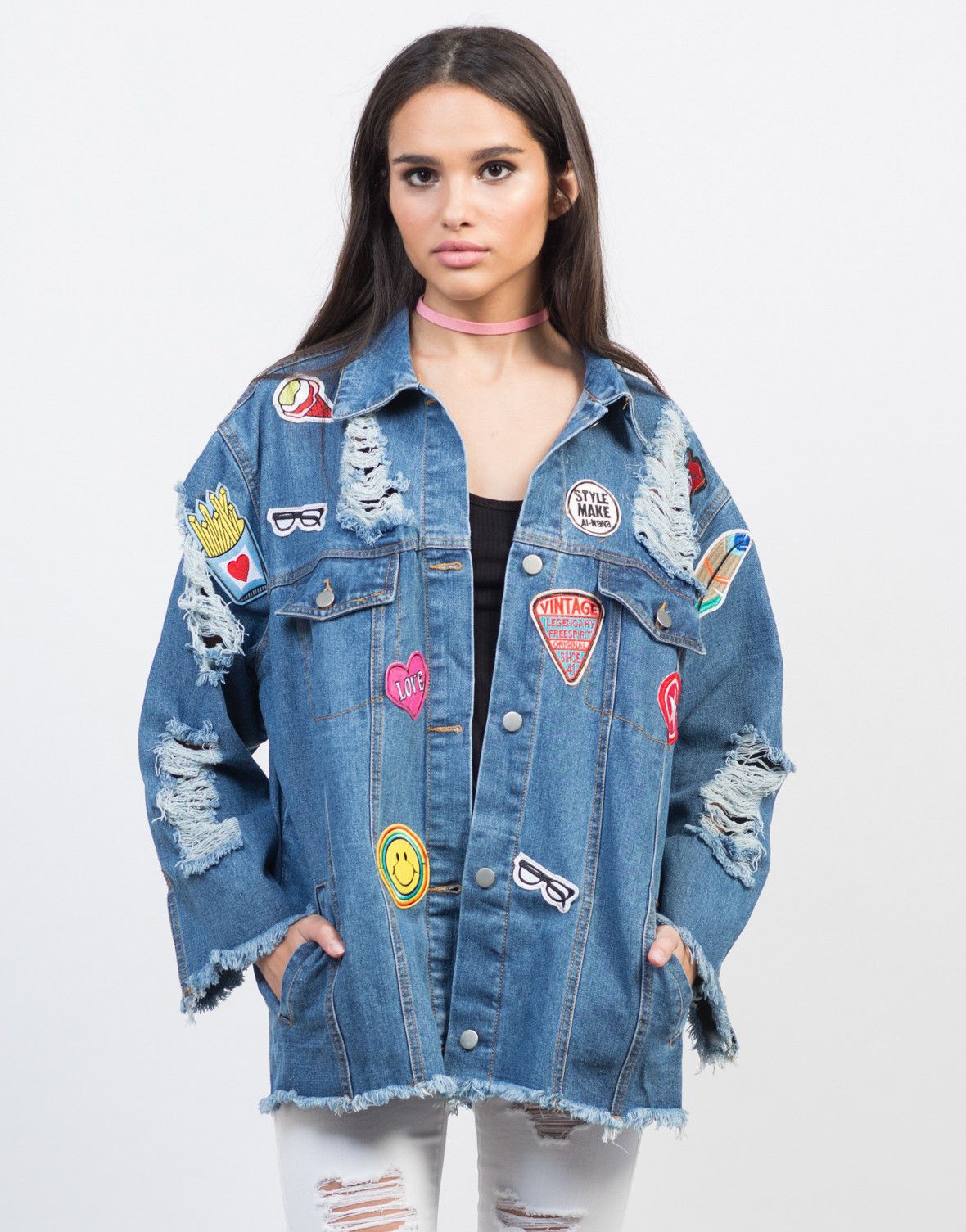 Oversized denim jacket with patches: Jean jacket,  Denim jacket,  Oversized Jacket,  Denim Jacket with Crop Top  