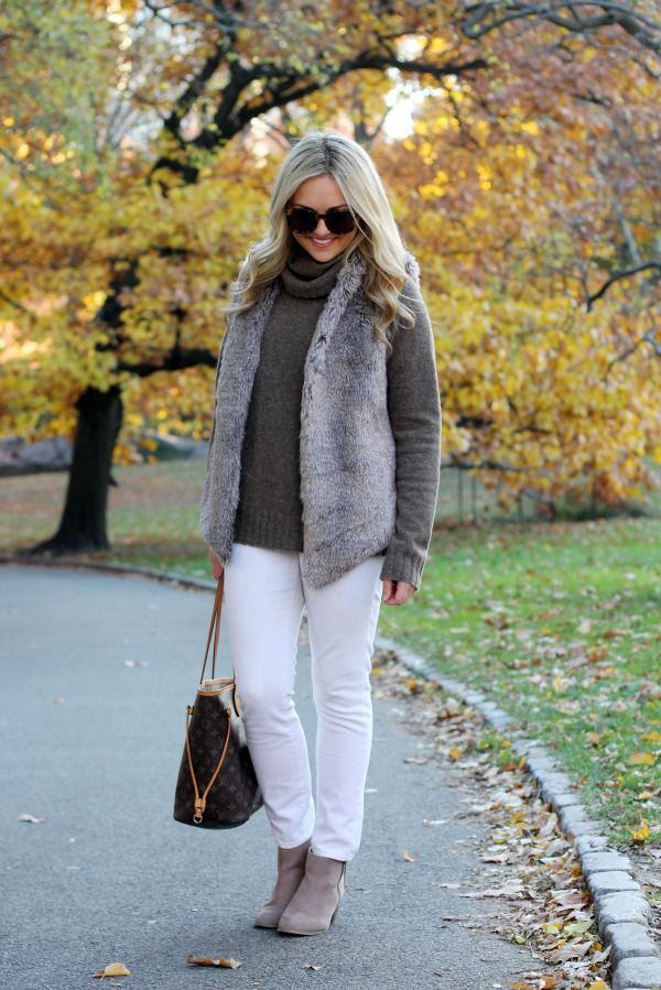 Turtleneck and fur vest, Fur clothing: Fur clothing,  Polo neck,  Fake fur,  White Denim Outfits  