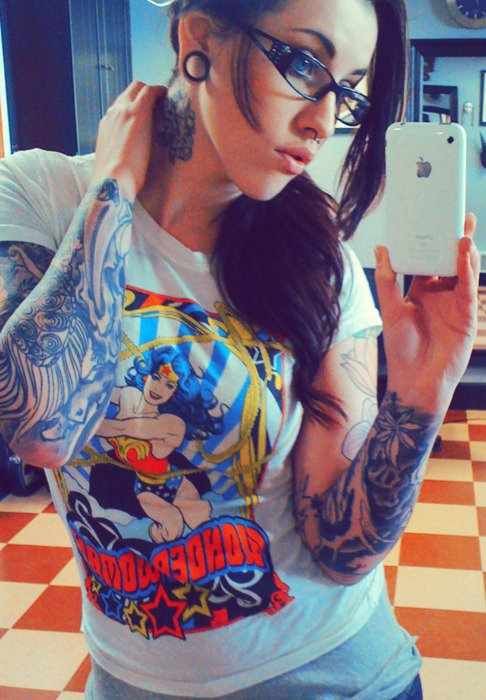 Girl with tattoos and gauges: Sleeve tattoo,  Tattoo Ideas,  Body art,  Body Goals,  Nerdy Glasses  