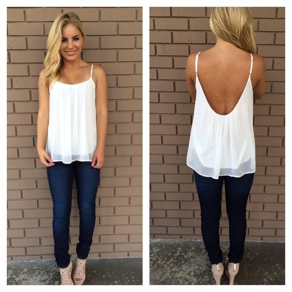 Low back white tank, Sleeveless shirt | Open Back Shirt Outfits ...