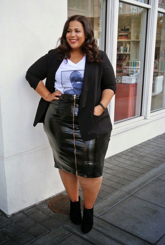 Plus Size Black Dress With Jacket Leather Skirt Outfits Girls: Leather Skirt Outfit,  Plus Size Skirt  