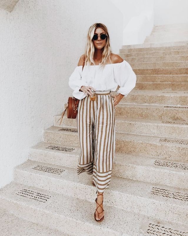 Summer striped pants outfit, Crop top: Crop top,  Palazzo pants,  Capri pants,  Casual Outfits,  Pant Outfits,  Stripe Trousers  