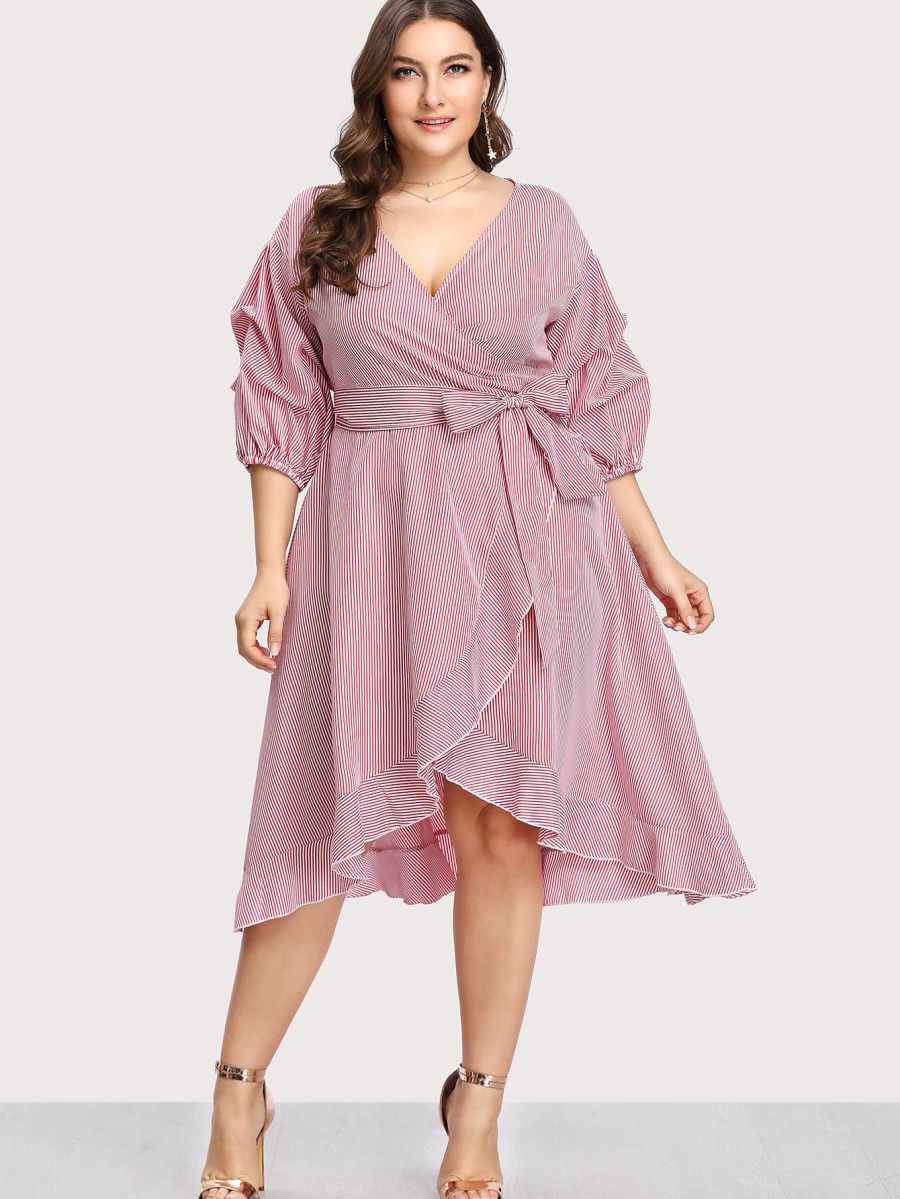 Shop Lantern Sleeve Ruffle Trim Pinstripe Dress online. SheI... Latest Cocktail Dress For Plus Size Ladies: Party Dresses,  party outfits,  Casual Party Dress,  Cocktail Dresses,  Cocktail Party Outfits  