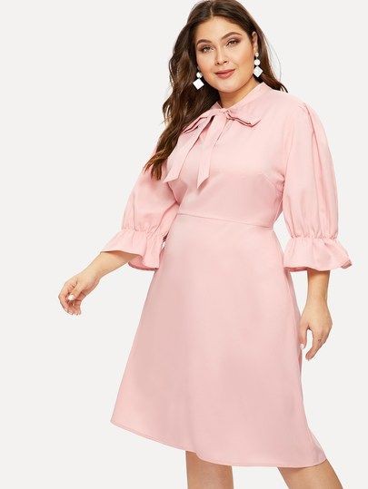 Plus Ruffle Sleeve Tie Neck Dress [swdress07181224934] - $36.00 Cute Cocktail Attire For Plus-Size Girls: Cocktail Dresses,  party outfits,  Cocktail Outfits Summer,  Cute Cocktail Dress  