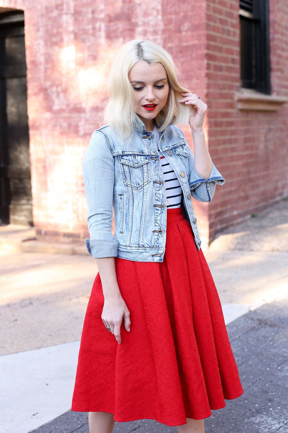 Casual red skirt outfit, Casual wear: Denim Outfits,  Jean jacket,  Pencil skirt,  Ballet flat,  Casual Outfits,  Swing skirt  