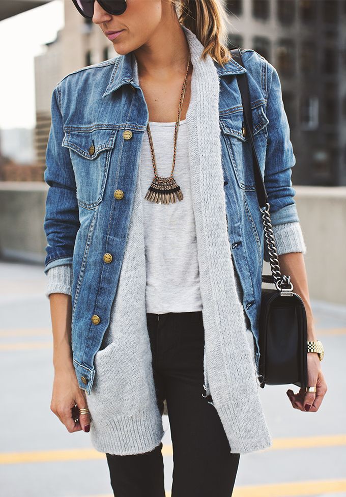 Cardigan under jean jacket: Jean jacket,  Slim-Fit Pants,  Casual Outfits,  Long Cardigan Outfits  