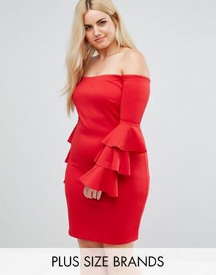 Club L Plus Bardot Mini Dress With Exaggerated Layered Sleeve Detail | ASOS Cute Cocktail Outfit For Plus Size Women: Plus size outfit,  Cute Cocktail Dress,  Cocktail Party Outfits,  Plus Size Party Outfits,  Curvy Cocktail Dresses  