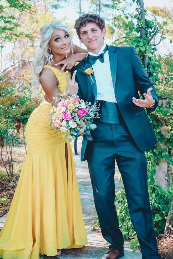 Cute Matching Navy Yellow Prom Couples: Prom outfits,  Prom Dresses,  Prom Outfit Couples,  Prom Suit  