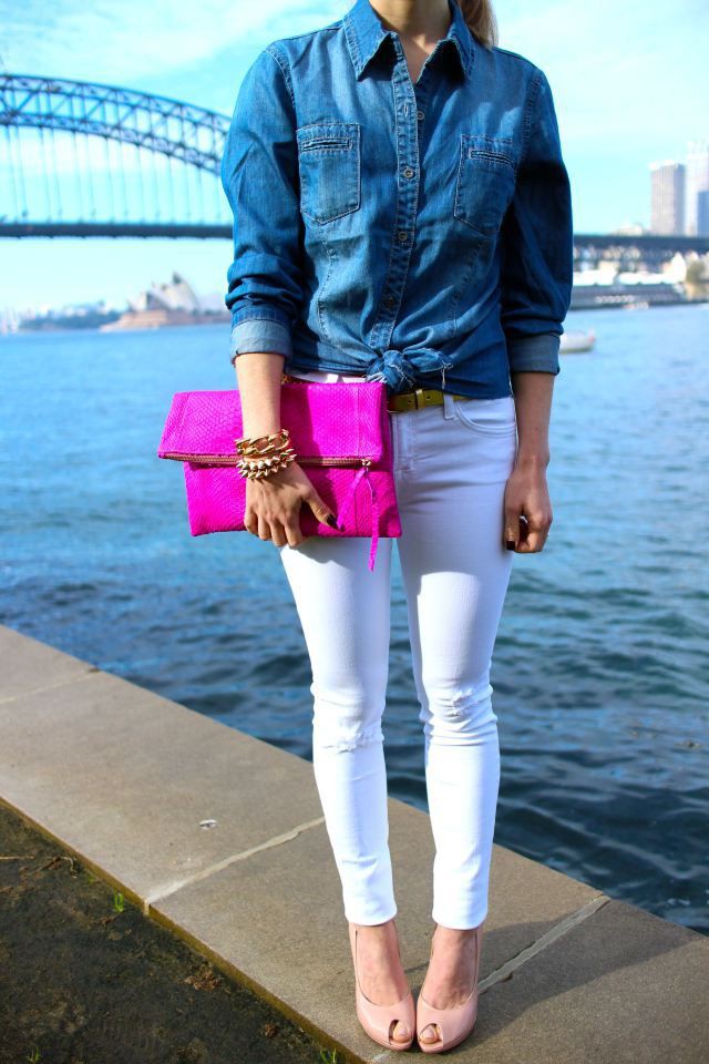 Outfits With White Denim: Sleeveless shirt,  Casual Outfits,  White Denim Outfits,  Denim Shirt  