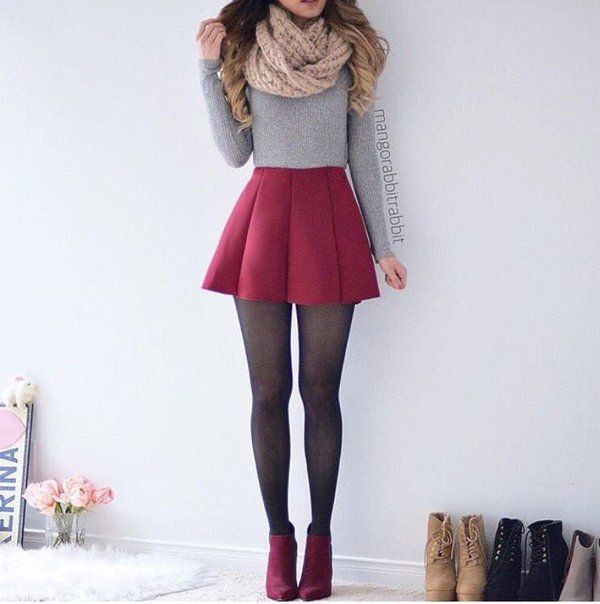 Grey sweater and red skirt: Crop top,  winter outfits,  Knee highs,  Mini Skirt Outfit  