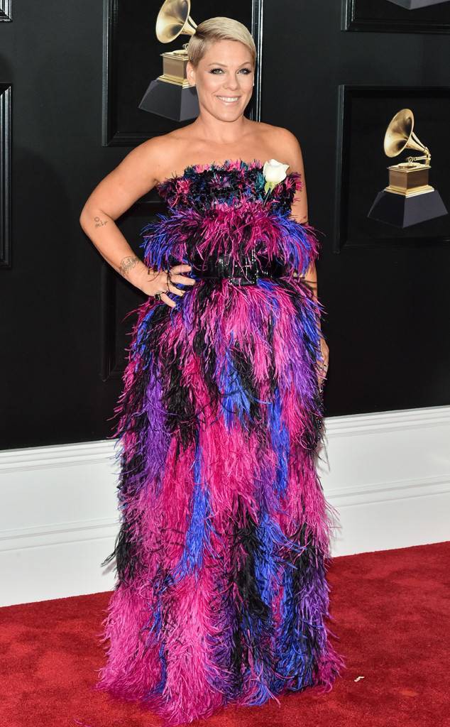 PINK in Armani Privé at the 2018 Grammys, Red Carpet Outfit: Outfit Ideas,  Celebrity Fashion,  Pink,  Celebrity Outfits,  Red Carpet Hairstyle,  Red Carpet Dresses,  Red Carpet Photos,  Grammys  