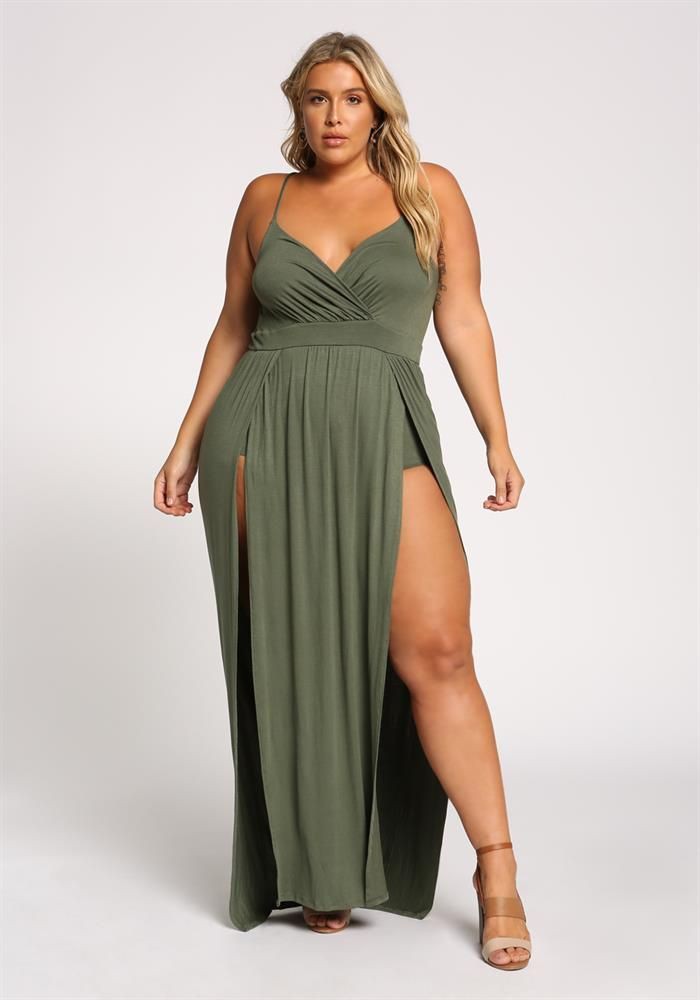 Plus Size Clothing | Plus Size Plunge Two High Slit Maxi Dress | Debshops #PlusS... | Summer Outfit Ideas 2020: Outfit Ideas,  summer outfits,  Dresses Ideas,  Clothing Ideas,  Maxi  