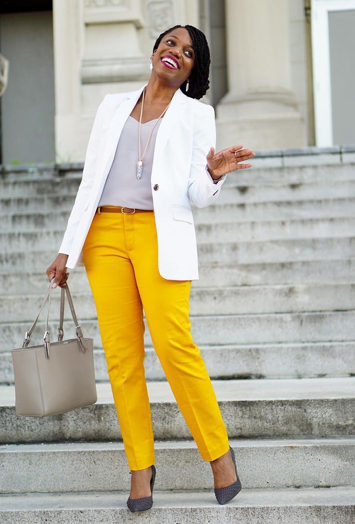 Yellow pants work outfit, Capri pants: Crop top,  Slim-Fit Pants,  Business casual,  Blazer Outfit,  Capri pants,  Casual Outfits  