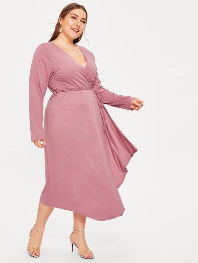 Plus Solid Self Tie Wrap Dress [dress190108053] - $36.00 Beautiful Cocktail Dress For Plus Size Women: Cocktail Dresses,  Cocktail Outfits Summer,  Cocktail Plus-Size Dress,  Plus Size Party Outfits,  Plus Size Cocktail Attire  