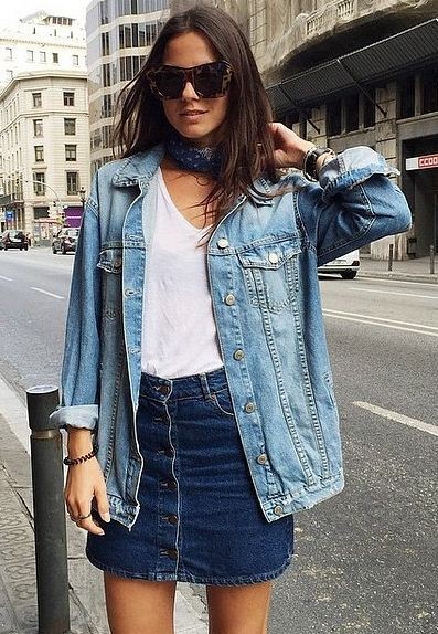 Jean jacket and skirt outfit: party outfits,  Denim skirt,  Crop top,  Jean jacket,  Street Style,  Casual Outfits,  Denim jacket  