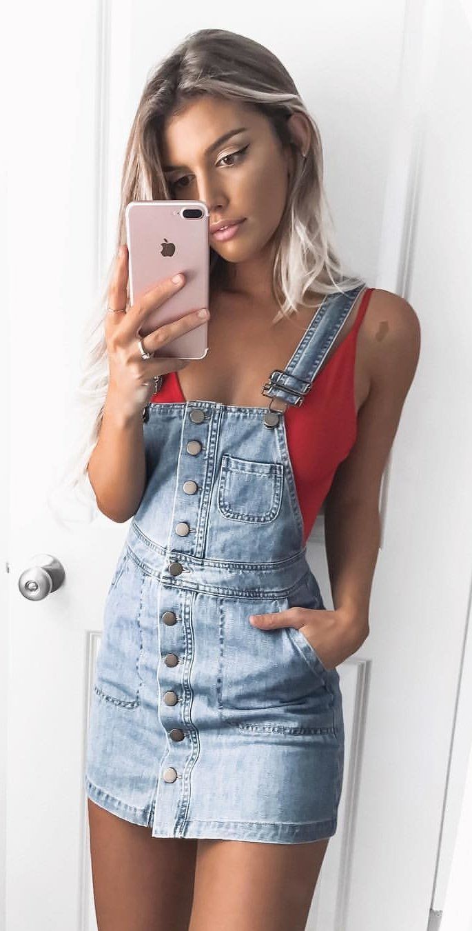 Check these perfect denim dress selfie, Jean jacket: Denim skirt,  Denim Outfits,  Overalls Shorts Outfits  
