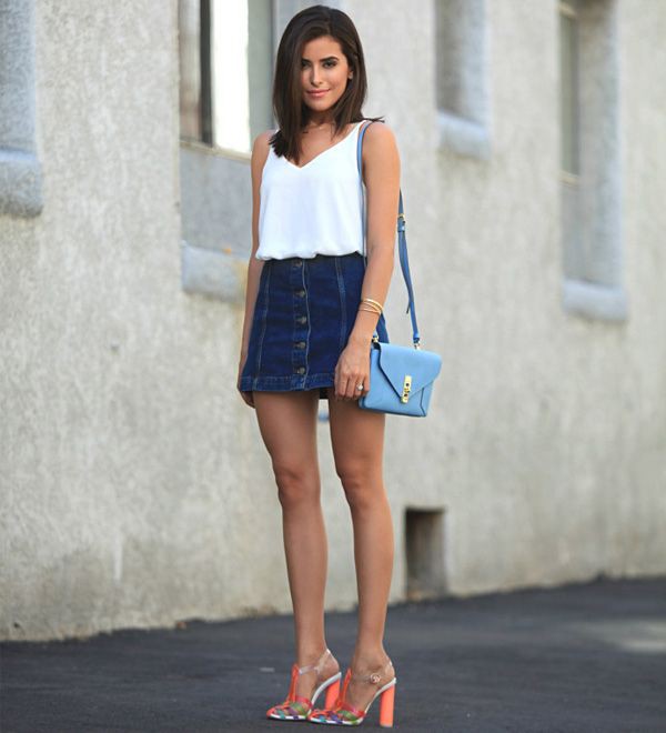 Button Down Midi Skirt Outfit: Denim skirt,  Sleeveless shirt,  Skirt Outfits,  Short Skirts  