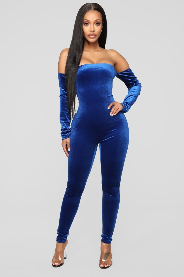 Business casuals ideas for blue velvet jumpsuit, Fashion Nova: Romper suit,  Fashion Nova,  Velvet Outfits  