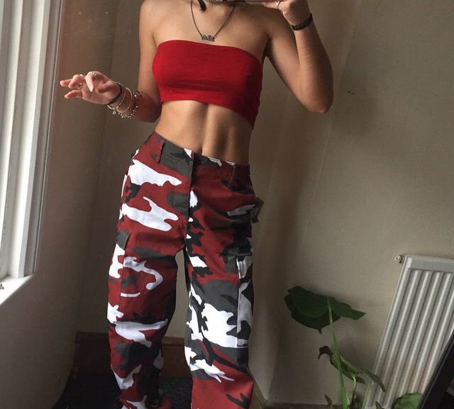 Camo cargo pants for women: cargo pants,  Crop top,  Capri pants,  Military camouflage,  Casual Outfits,  Tube Tops Outfit  
