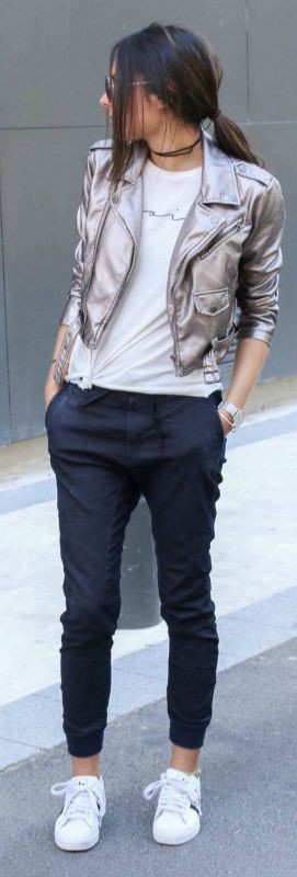 Leather jogger pants outfit, Leather jacket: Leather jacket,  Flight jacket,  Casual Outfits,  Joggers Outfit  