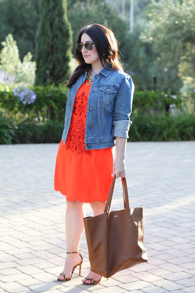 Orange dress with denim jacket: Denim Outfits,  Dress code,  High-Heeled Shoe,  Jean jacket,  Lapel pin,  Orange Dress  