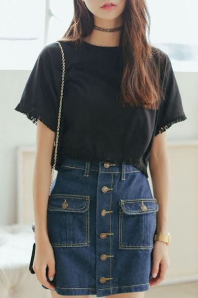 Buttoned Skirt Outfits, Black Shoulder Bag, Denim skirt | Buttoned ...