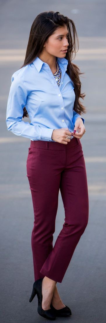 Trendy Wine Colored Pants Dress For Job Interveiw: Cute Burgundy Pants Outfit  