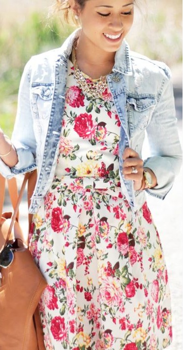 White floral dress with denim jacket: Denim Outfits,  Jean jacket,  Jeans Outfit,  Casual Outfits,  Floral Outfits  