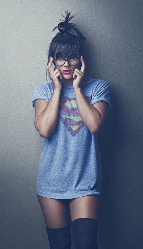 Just out of the world t shirt boudoir, Boudoir photography: Knee highs,  Boudoir photography,  Photo shoot,  Nerdy Glasses  