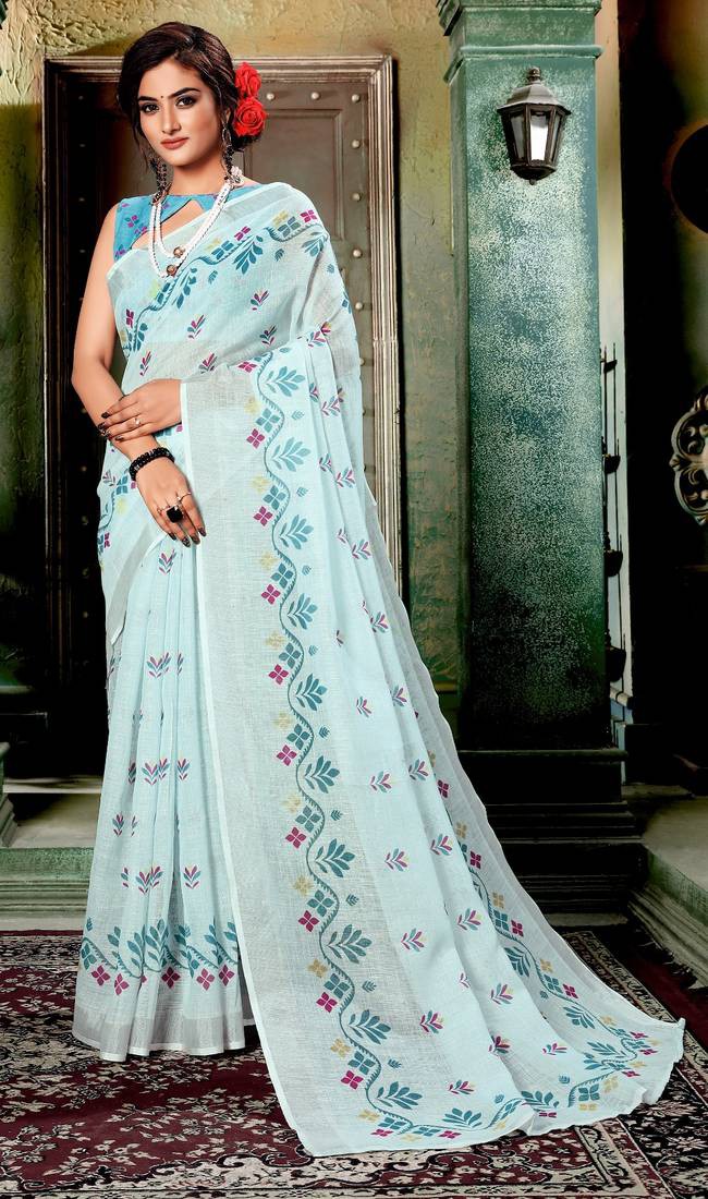 Multicolor Printed Linen Saree With Blouse: 