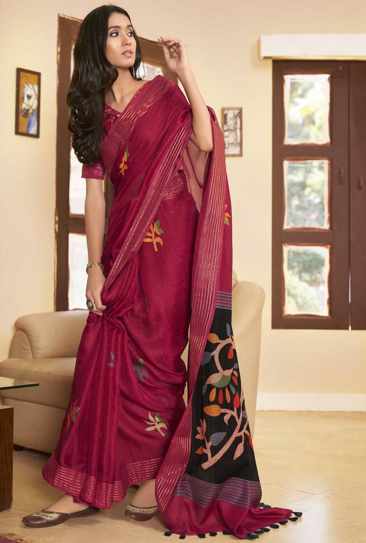Pink Colour Printed Linen Saree With Blouse: 