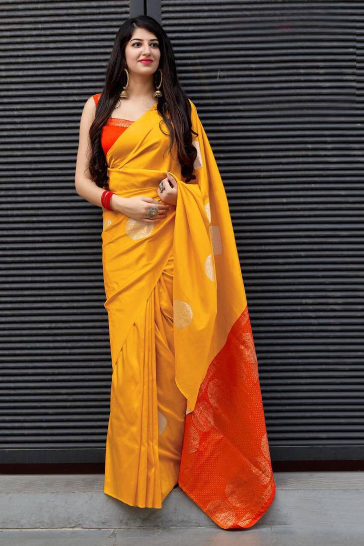 Yellow color plain soft silk saree with blouse: Lifestyle,  FASHION,  Indian Fashion,  Hot Girls In Saree  