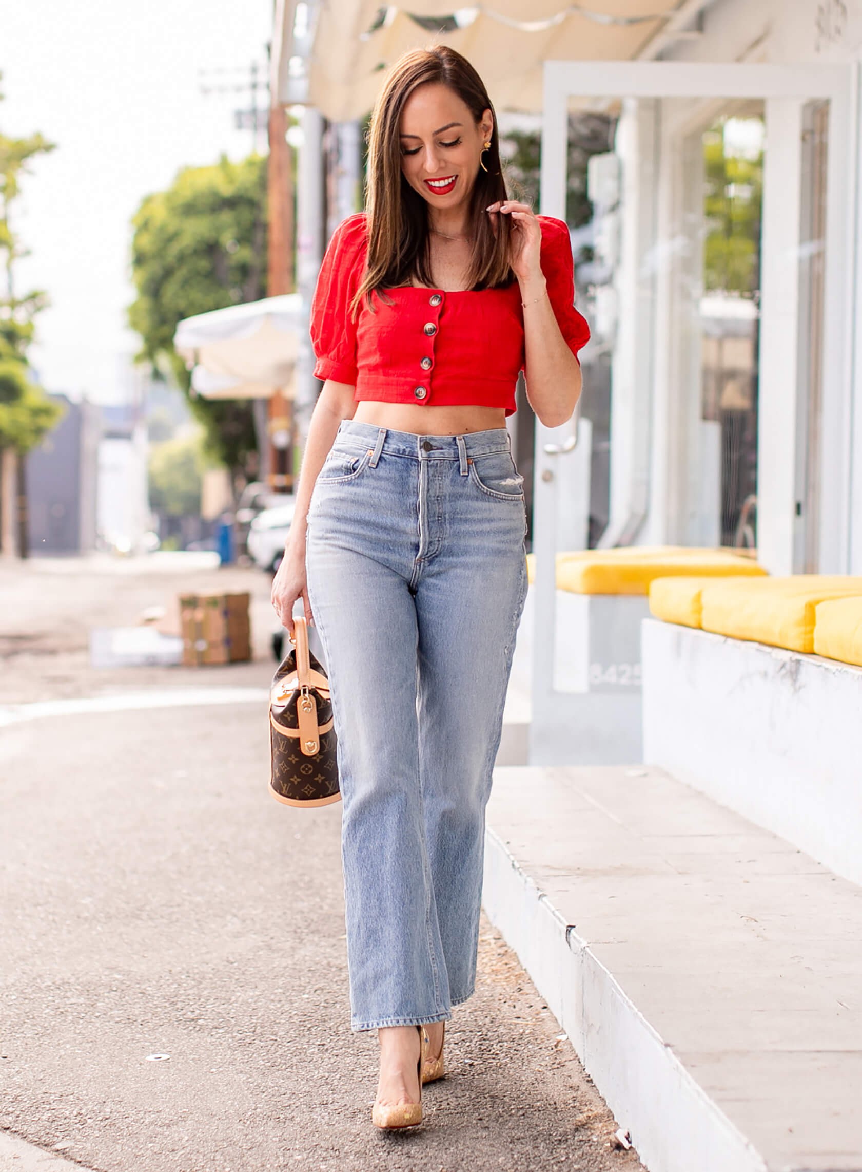 red top and jeans outfit