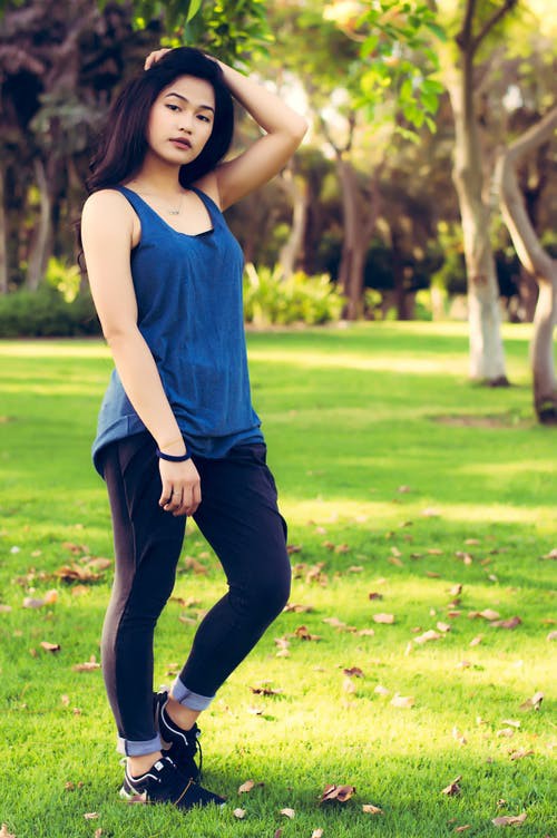 Women's Blue Tank Top and Black Pants: 