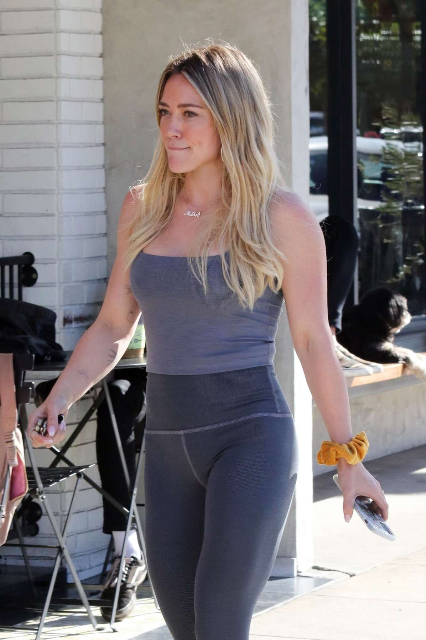 Hilary Duff in Grey Tights – Leaves Alfred's Coffee in Studio City: grey,  celebrity pictures,  Tights,  Celebrity Street Style  
