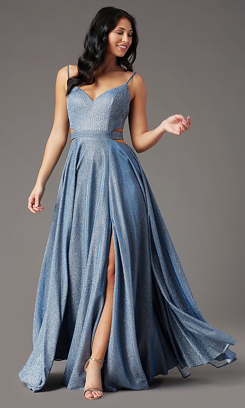 Image of PromGirl glitter-knit long dusty blue prom dress. Style: PG-Z20969 Front Image: 