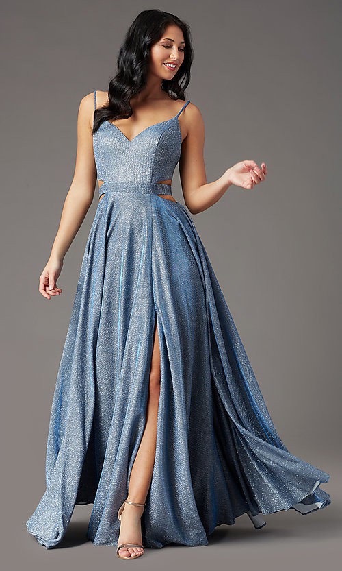 Image of PromGirl glitter-knit long dusty blue prom dress. Style: PG-Z20969 Front Image