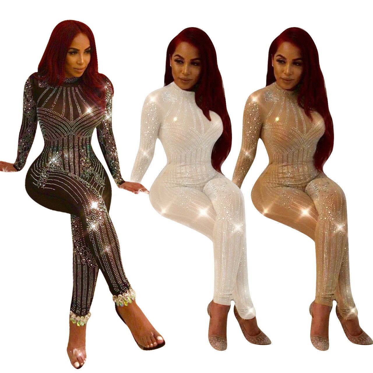 Women's Sexy Night Club Jumpsuits Mesh Rhinestone Rompers Slim Bodycon: 