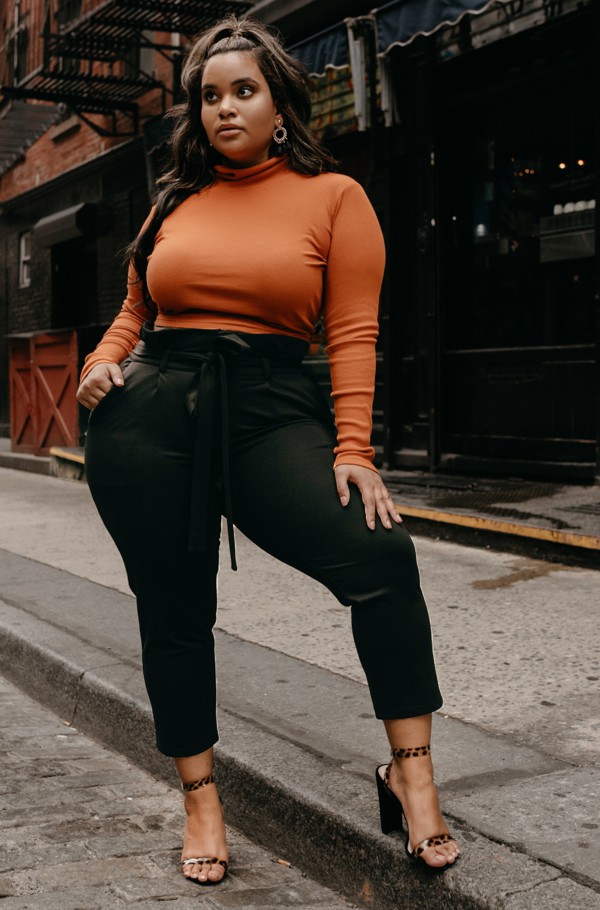 Brown and black colour outfit with trousers, crop top, jeans: Crop top,  Polo neck,  Plus size outfit,  Denise Mercedes,  Brown And Black Outfit  