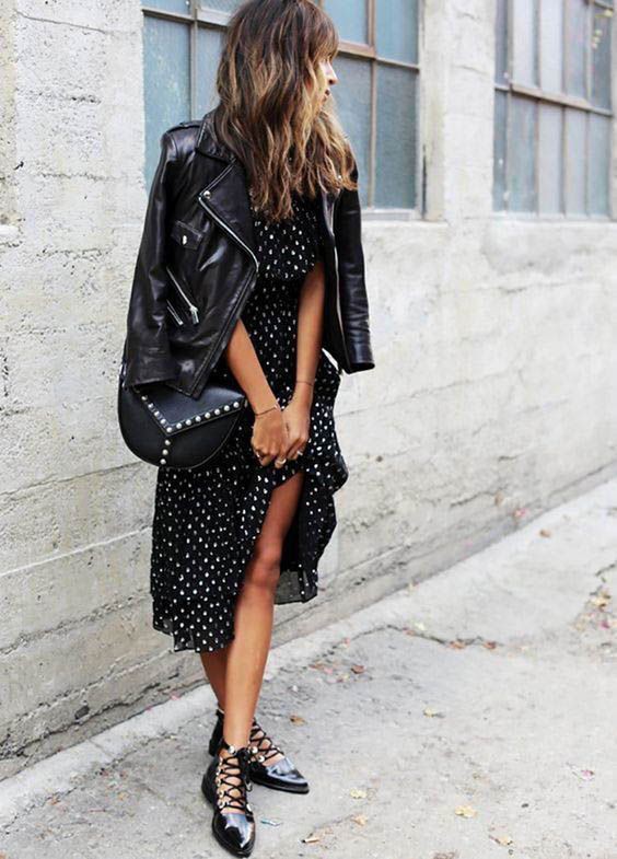 Black trendy clothing ideas with leather dress, leather jacket, street fashion: Leather jacket,  Street Style,  Black Leather Jacket  